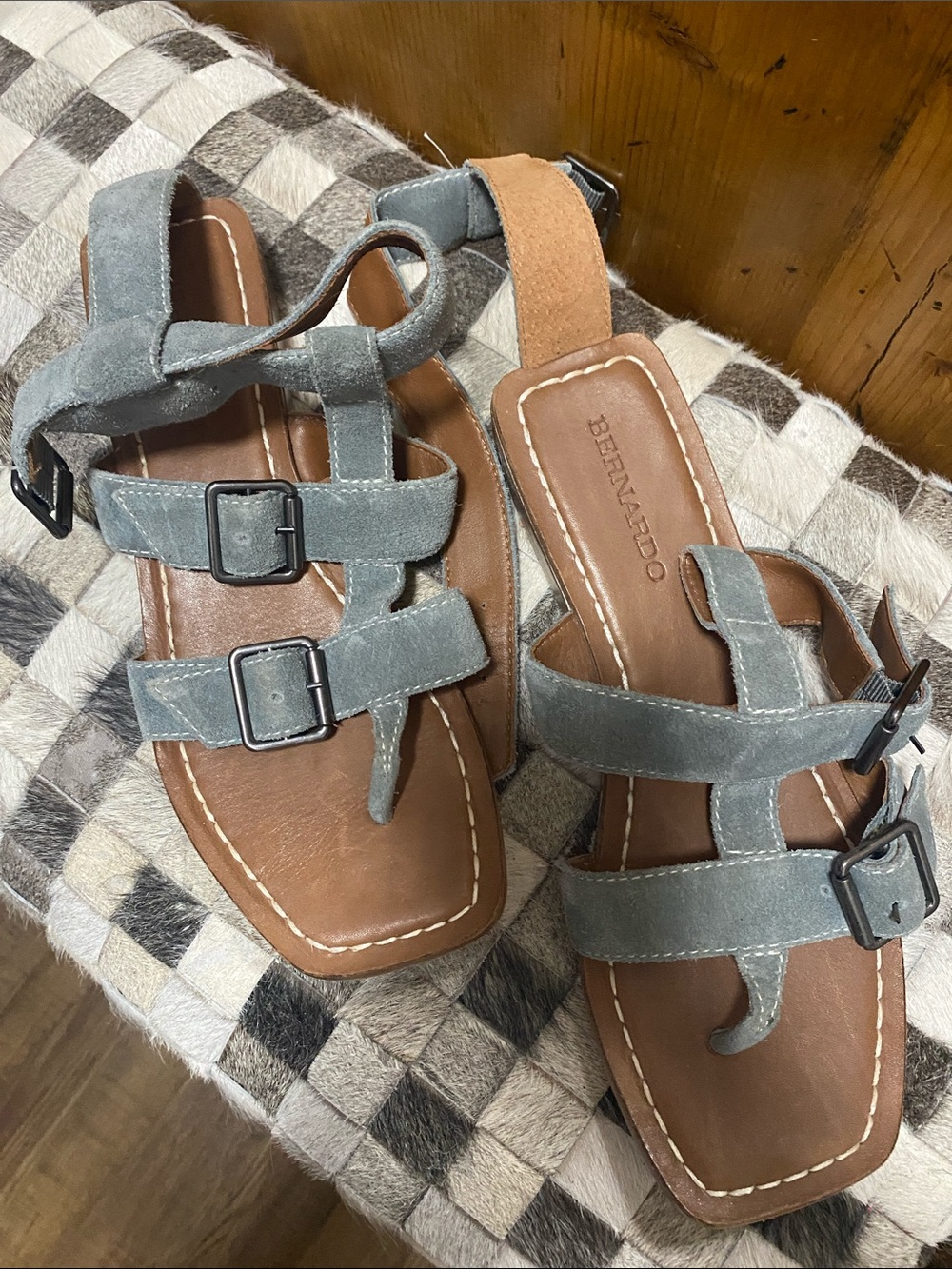 Bernardo Brown Leather Footbed with Gray Suede Straps Sandals